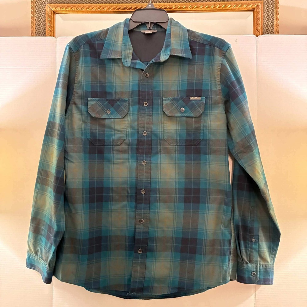 Eddie Bauer Plaid Button Down Shirt Mens L Tall Teal Green Cotton Outdoor